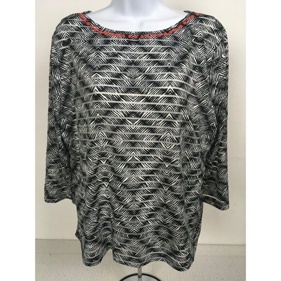 Ruby Rd Women Top Size PXL Black White Diamond Pattern Lined Red Beaded Neck - Picture 1 of 13